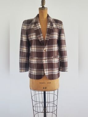 Liz Wear Petite Brown Plaid Wool Blazer Classic Two-Button Jacket, Size 4P, 2YK